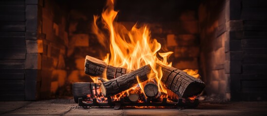 Burning wood inside a brick stove produces flames and ash - Powered by Adobe