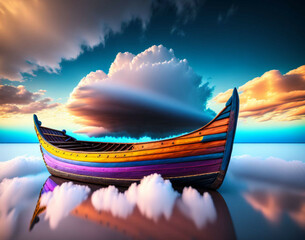a colorful wooden boat with clouds