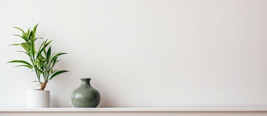 Close up shot of a green flower in a pot on a shelf in a modern living room with white walls and minimalistic home decor