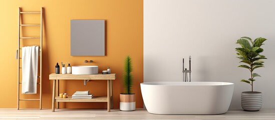 Neat and organized bathroom with shower washstand and bathtub shown in illustration