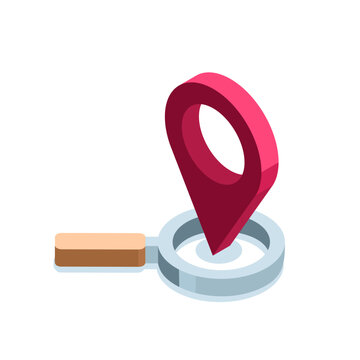 isometric magnifying glass and location icon in color on white background, search for location or coordinates