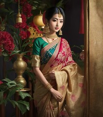 Fototapeta premium Cultural Fusion Elegance - Japanese Beauty in Bangladeshi Saree