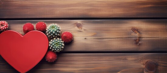Valentine heart adorned with cacti on vintage wood backdrop