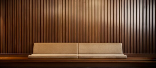 Built in banquette on a brown wood wall indoors with carpet