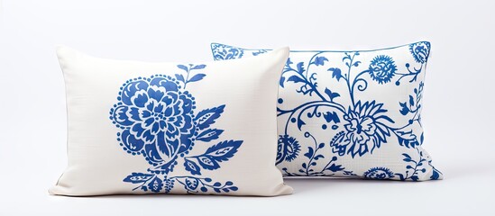 Blue pillow with decorations on a white surface