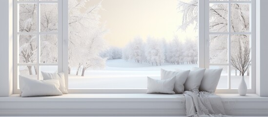 Scandinavian interior design featuring modern furniture in a white room with a winter landscape...