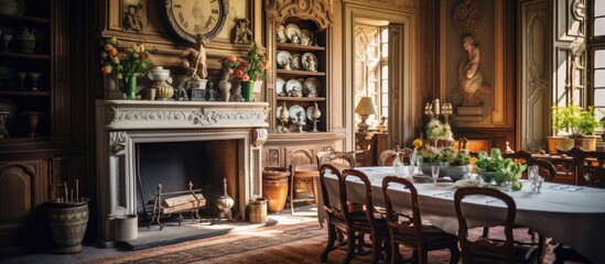 Interior of a French chateau dining room with vintage fireplace wooden ceiling and antique utensils
