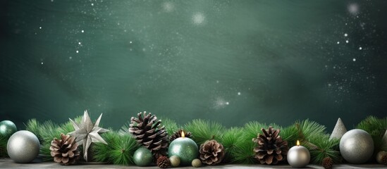 Winter themed home decor with various holiday elements on a green background space for text - Powered by Adobe