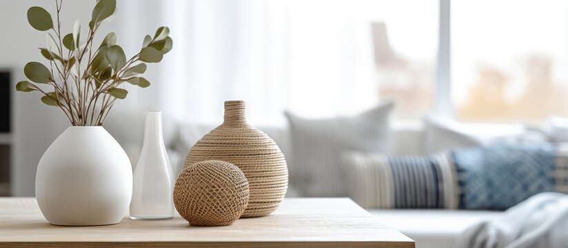 Modern contemporary interior with a table adorned by a vase tablecloth coasters wicker balls cone in a living space containing a TV in an apartment or house