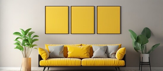 Living room with yellow couch and three frames in minimalist style
