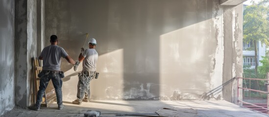 Construction workers using cement plaster to plaster a building wall - obrazy, fototapety, plakaty