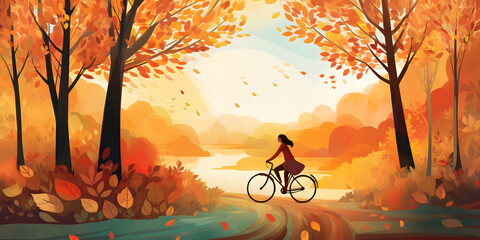 Girl riding bicycle in Autumn park simple flat design illustration