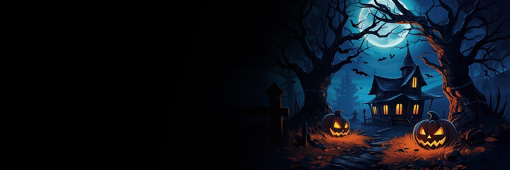 Fototapeta premium Halloween greeting card with pumpkins and scary house, banner