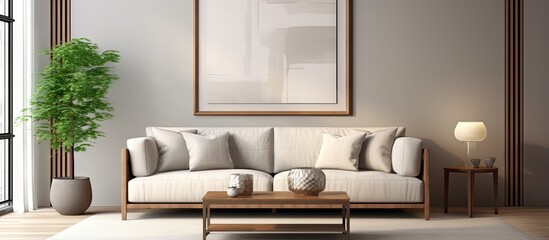 Rendering of a luxurious living room with a mockup photo frame on the wall featuring a comfortable sofa and beautiful furniture