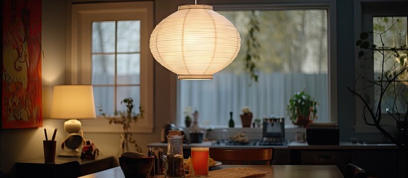 A Lantern Dangles Above A Table In The Kitchen