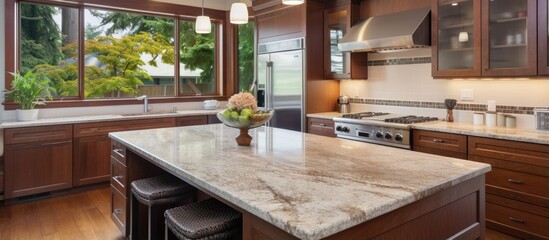 American kitchen interior with brown cabinets granite counter top island and hardwood floor
