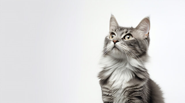 Portrait d'un chat gris vue de face, arri&egrave;re-plan et fond blanc, isol&eacute;, mignon.
