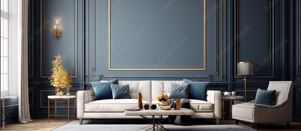 Poster depiction of a contemporary living room design in modern classics style shown without textures and s