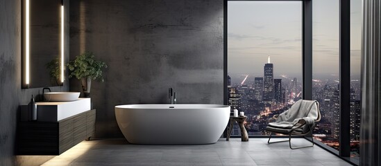 A city view from a dark bathroom with a bathtub stool and concrete floor