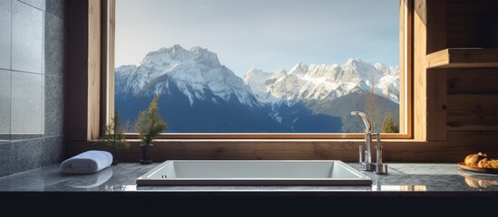 Window view of Swiss Alps mountains in bathroom fragment