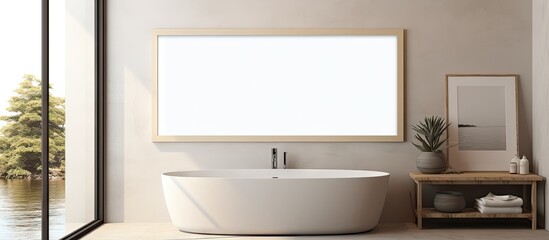 Minimalist style bathroom with natural light and a blank canvas frame