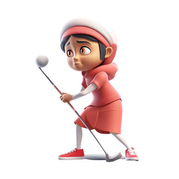 3d illustration of a muslim woman with a golf club. isolated white background