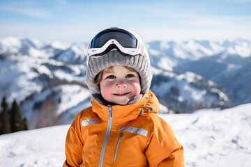 Fototapeta na wymiar Portrait of cute little boy with snowboard helmet in winter mountains