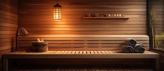 Fototapeta na wymiar Close up view of an infrared sauna with wooden walls bench and ceramic heaters emphasizing a healthy lifestyle