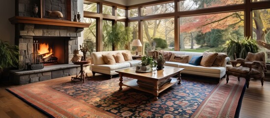 Area in the living room adorned with a Persian rug - obrazy, fototapety, plakaty