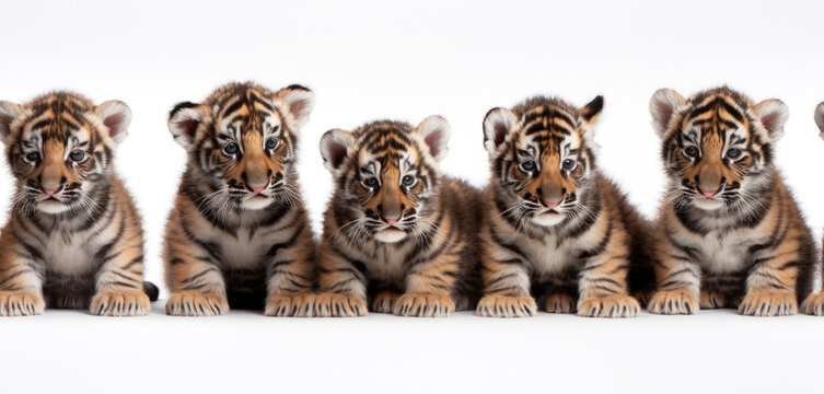 Seamless image of group of cute tiger cubs sitting in row
