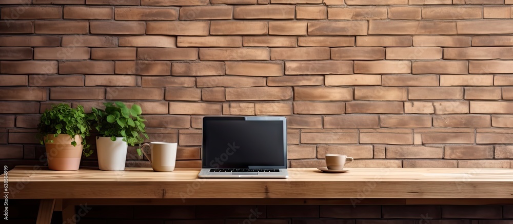 Poster beautiful interior of a house with a computer on a wooden table and a brick wall background