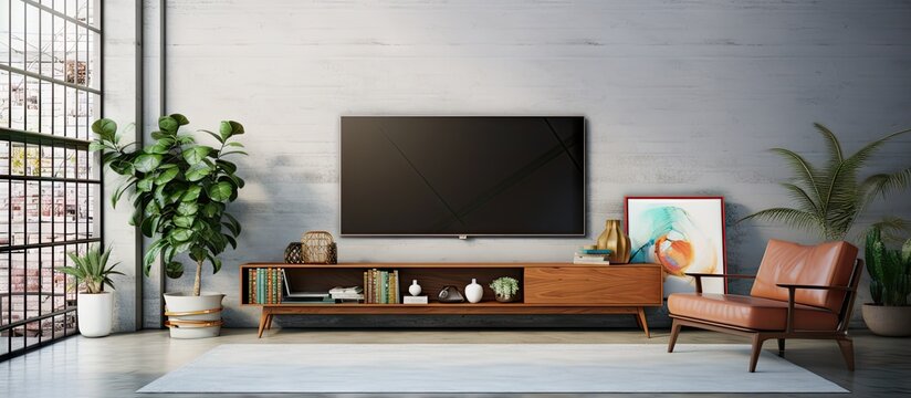 Modern Loft With Tall Entertainment Center And Large Flat Panel TV Shot From Above