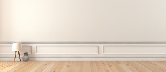 Fototapeta na wymiar empty living room with vintage oak floor and striped vinyl wallpaper