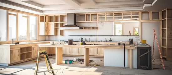 Preparing kitchen for installation of custom new features in modern home improvement - obrazy, fototapety, plakaty