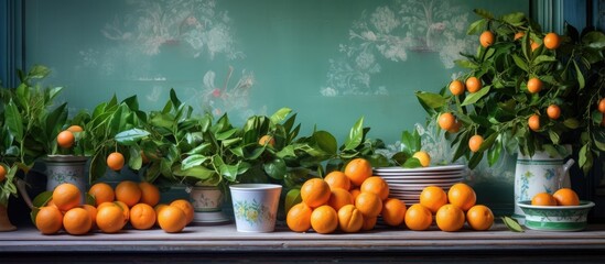 Festive kitchen with a pretty Christmas decor and a wooden table adorned with green branches and tangerines leaving room for items