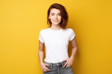 Obraz premium girl wearing white t shirt for mock up on yellow background