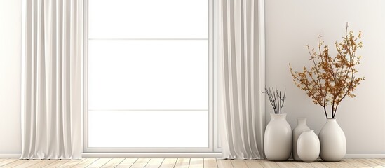 White empty Scandinavian room with vases wooden floor large wall and landscape outside the window with curtains Nordic home interior illustration