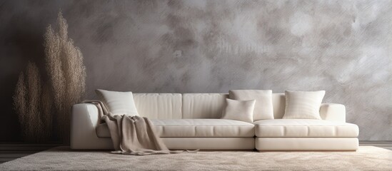 Fototapeta na wymiar White modern sofa against a shaggy carpet backdrop on the wall
