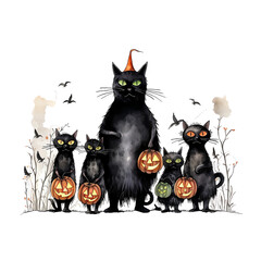 black cat on Halloween, watercolor clipart illustration
