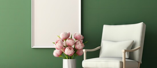 Empty picture frames vase with peonies on table armchair alongside green wall