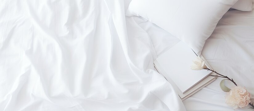 White bedding on the bed with a notepad and interior design mockup