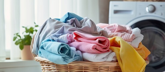 Washing machine filled with colorful towels and laundry door open