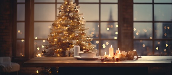 Ad space table Christmas tree lit Indoor house