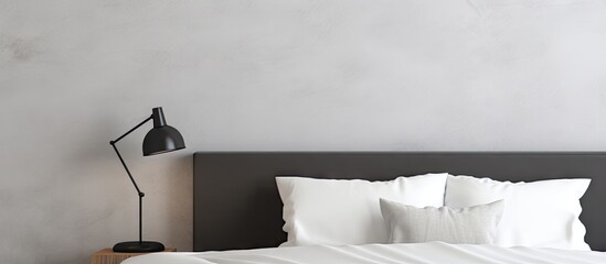 Modern bedroom with a white bed grey pillow black lamp on wooden table