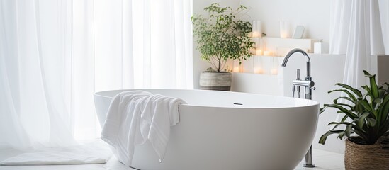 Luxurious bathroom with intimate white bathtub in hotel bedroom adorned with a white towel