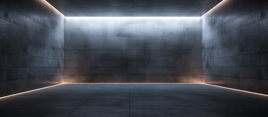Rendered illustration of a dark abstract concrete room illuminated at night Architectural background