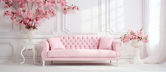 Luxurious interior with white studio vintage pink couch vases and blossomed table