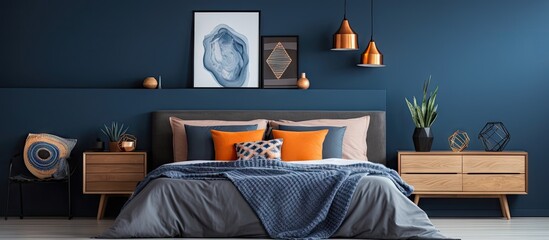 Real photograph of a modern bedroom interior with a blue bed covered by a dark blanket and decorated with patterned pillows and posters