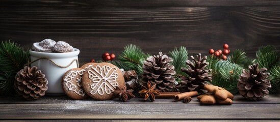 A cozy holiday scene of a metal vase spruce branch and gingerbread cookies on a wooden table