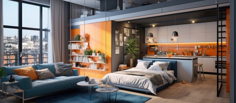 Modern two story apartment with spacious windows stylish living area and kitchen in vibrant hues separated by a glass partition Bedroom located on the upper level